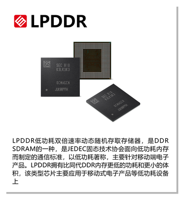 LPDDR低功耗双倍速率动态随机存取存储器，是DDR SDRAM的一种，是JEDEC固态技术协会面向低功耗内存而制定的通信标准，以低功耗著称，主要针对于移动端电子产品。LPDDR拥有比同代DDR内存更低的功耗和更小的体积，该类型芯片主要应用于移动式电子产品等低功耗设备上